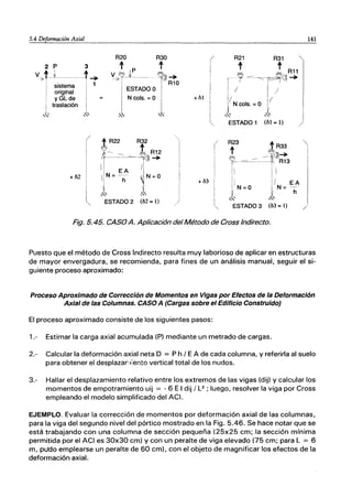 5.4 Deformación Axial
2 P 3
V,?tJ/-----t~
! '
I
sistema I
original 1
1
I yGLde
¡traslación
~
,,-
R20 R30
t P t
~1-J'---- ~~ Rfo
I ESTADOO I
JNcols. = O I
:-.., ~
ESTADO 2 (b2 = 1)
R21 R31 l
t t R11
r - Y:=-=r:1<~ ~
i / 1/ I
I( I ( I
1N cols. =O 1 :
,,- , , ' 1
ESTADO 1 (11 = 1) )
ESTADO 3 (b3 = 1)
Fig. 5.45. CASO A. Aplicación del Método de Cross Indirecto.
141
Puesto que el método de Cross Indirecto resulta muy laborioso de aplicar en estructuras
de mayor envergadura, se recomienda, para fines de un análisis manual, seguir el si-
guiente proceso aproximado:
Proceso Aproximado de Corrección de Momentos en Vigas por Efectos de la Deformación
Axial de las Columnas. CASO A (Cargas sobre el Edificio Construido)
El proceso aproximado consiste de los siguientes pasos:
1.- Estimar la carga axial acumulada (P) mediante un metrado de cargas.
2.- Calcular la deformación axial neta O = P h / E A de cada columna, y referirla al suelo
para obtener el desplazar ¡;ento vertical total de los nudos.
3.- Hallar el desplazamiento relativo entre los extremos de las vigas (dij) y calcular los
momentos de empotramiento uij = - 6 E I dij / L2 ; luego, resolver la viga por Cross
empleando el modelo simplificado del ACI.
EJEMPLO. Evaluar la corrección de momentos por deformación axial de las columnas,
para la viga del segundo nivel del pórtico mostrado en la Fig. 5.46. Se hace notar que se
está trabajando con una columna de sección pequeña (25x25 cm; la sección mínima
permitida por el ACI es 30x30 cm) y con un peralte de viga elevado (75 cm; para L = 6
m, pudo emplearse un peralte de 60 cm), con el objeto de magnificar los efectos de la
deformación axial.
 