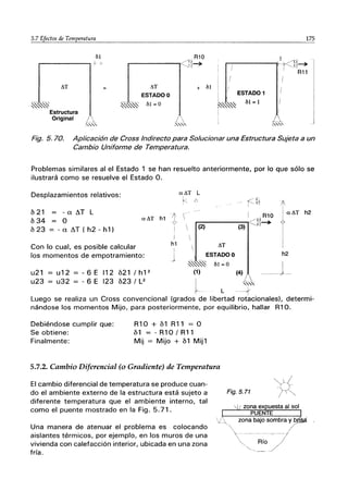 5.7 Efectos de Temperatura 175
--------.------------------------
M
.-------., <,>
tiT
Estructura
Original L
.'-'-'-"
tiT
ESTADO O
~"""~ li1 = O
j 
:-.'-,,,
+ 11
1,,/~
....,.------f,- '1~~.I()--+
I .,
, R11
ESTADO 1
~""~ 61=1
I
I
I
Fig. 5.70. Aplicación de Cross Indirecto para Solucionar una Estructura Sujeta a un
Cambio Uniforme de Temperatura.
Problemas similares al el Estado 1 se han resuelto anteriormente, por lo que sólo se
ilustrará como se resuelve el Estado O.
Desplazamientos relativos:
621 = - a ~T L
634 = O a tiT h1t
623 = - a ~T ( h2 - h1)
Con lo cual, es posible calcular
los momentos de empotramiento:
i
h1
I
atiT L
I
~ (;
f~


Id R10
~(-~--------~-)~~q--+
tiT
a tiT h2
h2
u21
u23
u12
u32
J
- 6 E 11 2 621 / h 12
ESTADO O
~~ 61=0
(1) (4)
I
------J---
- 6 E 123 623/ L2
L ----f
Luego se realiza un Cross convencional (grados de libertad rotacionales), determi-
nándose los momentos Mijo, para posteriormente, por equilibrio, hallar R10.
Debiéndose cumplir que:
Se obtiene:
Finalmente:
R10 + b1 R11 = O
61 = - R10 / R11
Mij = Mijo + 61 Mij1
5.7.2. Cambio Diferencial (o Gradiente) de Temperatura
El cambio diferencial de temperatura se produce cuan-
do el ambiente externo de la estnJctura está sujeto a
diferente temperatura que el ambiente interno, tal
como el puente mostrado en la Fig. 5.71.
Una manera de atenuar el problema es colocando
aislantes térmicos, por ejemplo, en los muros de una
vivienda con calefacción interior, ubicada en una zona
fría.
Fig.5.71
zona bajo sombra y b I
" /
---7~----
~ Río
"'--._-- -
 