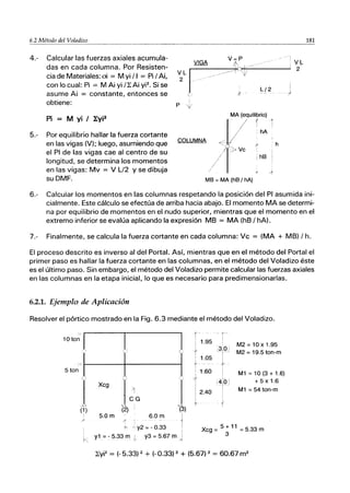 6.2 Método del Voladizo
._-_..._.._-_.._..__.__._.._._-----_._._----_. --- ____________ 181
VIGA V= P VL
- /1 J.
4.- Calcular las fuerzas axiales acumula-
das en cada columna. Por Resisten-
cia de Materiales: oi = M Vi / I = Pi / Ai,
con lo cual: Pi = M Ai Vi /LAi Vi2. Si se
asume Ai = constante, entonces se
obtiene:
.------~o)o'¡;;;.·-------1'2
~LJ/'"~ L/2
5.-
Pi = M yi / l:yi2
Por equilibrio hallar la fuerza cortante
en las vigas (V); luego, asumiendo que
el PI de las vigas cae al centro de su
longitud, se determina los momentos
en las vigas: Mv = V L/2 V se dibuja
su DMF.
MA (equilibrio)
/ 1hA 1
COLUMNA
h
MB =MA (hB / hA)
6.- Calcular los momentos en las columnas respetando la posición del PI asumida ini-
cialmente. Este cálculo se efectúa de arriba hacia abajo. El momento MA se determi-
na por equilibrio de momentos en el nudo superior, mientras que el momento en el
extremo inferior se evalúa aplicando la expresión MB = MA (hB / hA).
7.- Finalmente, se calcula la fuerza cortante en cada columna: Vc = (MA + MB) / h.
El proceso descrito es inverso al del Portal. Así, mientras que en el método del Portal el
primer paso es hallar la fuerza cortante en las columnas, en el método del Voladizo éste
es el último paso. Sin embargo, el método del Voladizo permite calcular las fuerzas axiales
en las columnas en la etapa inicial, lo que es necesario para predimensionarlas.
6.2.1. Ejemplo de Aplicación
Resolver el pórtico mostrado en la Fig. 6.3 mediante el método del Voladizo.
10 ton' J 1, J
5 ton,ll-----+--1-------11
J Xc'I¿G 1
(1) (2) : (3)
; 5.0 m / 6.0 m ti
~. " y2 =-0.33 I
y1 = - 5.33 m l. y3 = 5.67 m ~
1.95
1.05
1.60
2.40
- (---
3.01
-r-
I
I
}
;'Ül!
r
M2 =10 x 1.95
M2 = 19.5 ton-m
M1=10(3+1.6)
+ 5 x 1.6
M1 =54 ton-m
Xcg = 5 + 11 = 5.33 m
3
Lyi2 = (- 5.33) 2 + (- 0.33) 2 + (5.67) 2 = 60.67 m2
 