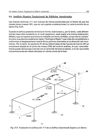 6.4 Análisis Sísmico Traslaci01!!!.!...!!E..J~!!iji~j.?s Aporticados
_________________
19.....:;..5
6.4. Análisis Sísmico Traslacional de Edificios Aporticados
Las fuerzas sísmicas ( F ) son fuerzas de inercia producidas por el hecho de que los
niveles tienen masas ( M ), que se ven sujetas a aceleraciones ( a ) ante la acción de un
sismo (Fig. 6.9).
Cuando el edificio presenta simetría en forma, toda la losa y, por lo tanto, cada diferen-
cial de masa (dm) existente en el nivel respectivo, está sujeta a la misma aceleración,
debido a que se supone que la losa se traslada una única cantidad, ya que ella se compor-
ta como una plancha axialmente rígida ("Diafragma Rígido") que trata de compatibilizar o
uniformizar el desplazamiento lateral de los pórticos orientados en la dirección del movi-
miento. Por lo tanto, la resultante (F) de las diferenciales de las fuerzas de inercia (dF) se
encontrará alojada en el centro de masas (CM) del nivel en análisis, el cual, razonable-
mente puede decirse que coincide con el centroide del área en planta, a no ser que exista
concentraciones de masas ubicadas en ciertas zonas de la losa.
1er. NIVEL
.. ~CM~
~' ~~
Fl =al Ml
y
~(2)
x
(1)
Fig. 6.9. Traslación en la Dirección yo.Y de un Edificio Aporticado Sujeto a un Sismo.
 