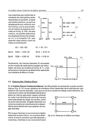 6.4 Análisis Sísmico Traslacional de Edificios Aporticados
Las columnas que conforman al
entrepiso de cada pórtico están
dispuestas en paralelo, al igual
que ambos pórticos, ya que sus
desplazamientos relativos son
los mismos, por lo que el siste-
ma se reduce al esquema mos-
trado en la Fig. 6.1 OA De esta
manera, es posible determinar
los desplazamientos de entrepi-
so ( b ) Y el cortante ( O ) que
absorbe cada pórtico como se
indica a continuación:
b2 == 02/ K2
Eje A: 02A = K2A b2
Eje B: 02B == K2B b2
F2 ,',,"--,
-->~,-.J
K2A K2B
K1A K1B
" " " "
eje A eje 8
b1=01/K1
01A == K1A b1
01B = K1B b1
F2
'
K2 =K2A + K28 •
F1 02 =F2 . 61 ,
I "
I .
I /
Kl = K1A + K18 i i
01 =Fl + F2 .
.",. ,~'"
Fig.6.10A
F2A= Q2A
,--'0>.--------,
197
62
Finalmente, las fuerzas laterales (F) actuantes
: I
! I
/
en los niveles de cada pórtico pueden ser calcu- F1A =Q1A· Q2A ~
, ul",
ladas, tal como se muestra en la Fig. 6.11, Y los --'0>.------11-----1 1
esfuerzos en las barras se determinan aplicando
los métodos de Muto o Cross.
Fig. 6. 11. Fuerzas en el eje A.
6.5. Interacción Pórtico-Placa
En el Análisis Sísmico Traslacional Manual, las dificultades se presentan cuando existen
placas (Fig. 6.12) cuyas rigideces de entrepiso (Kwi) dependen de la distribución que
adoptan las fuerzas laterales, cosa que no ocurre cuando se trabaja matricialmente, en
vista que la matriz de flexibilidad lateral de la
placa se calcula aplicando cargas unitarias
en cada nivel (distribución única de fuerzas (C)
para cada estado de carga). En cambio, como
ya se ha mencionado, la rigidez lateral de una Fi
columna resulta ser prácticamente indepen- --7 (6)
diente de la distribución que adoptan las car-
gas laterales.
Por lo que mientras no se conozca la rigidez
(A)
lateral de la placa (Kwil. no se podrá deter- Fig. 6.12. Planta de un Edificio con Placa
minar la fuerza cortante que ella absorbe y
viceversa, mientras no se conozca la fuerza
 