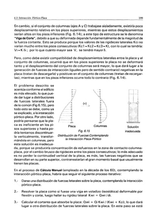 6.5 Interacción Pórtico-Placa 199
En cambio, si el conjunto de columnas (ejes A y e) trabajase aisladamente, existiría poco
desplazamiento relativo en los pisos superiores, mientras que estos desplazamientos
serían altos en los pisos inferiores (Fig. 6.14); a este tipo de estructura se le denomina
"Viga de Corte", debido a que su deformada depende fundamentalmente de la magnitud de
la fuerza cortante. Esto se produce porque los valores de las rigideces laterales Kci no
varían mucho entre los pisos consecutivos (Kc1 = Kc2 "" Kc3 = K), con lo cual se tendría:
Vi = K Di; por lo que cuánto mayor sea V, se tendrá mayor D.
Pero, como debe existir compatibilidad de desplazamientos laterales entre la placa y el
conjunto de columnas, ocurrirá que en los pisos superiores la placa no se deformará
tanto y el desplazamiento del conjunto de columnas será mayor, lo que dará lugar a la
generación de fuerzas de interacción (iguales pero de sentido contrario) negativas en la
placa (tratan de descargarla) y positivas en el conjunto de columnas (tratan de recargar-
las); mientras que en los pisos inferiores ocurre todo lo contrario (Fig. 6.14).
El problema descrito se
acentúa conforme el edificio
es más elevado, lo que pue-
de dar lugar a distribuciones
de fuerzas laterales fuera
de lo común (Fig 6.15), pero
todo esto se debe, como ya
se explicado, a la interacción
pórtico-placa. Por otro lado,
podría pensarse que la pla-
ca es ineficiente en los pi-
sos superiores y hasta po-
dría tentarnos discontinuar-
la verticalmente, transfor-
mándola en columnas, pero
esta solución es inadecua-
Placa
(+)
->
Fig.6.15
Columnas
Distribución de Fuerzas Contemplando
la Interacción Placa-Pórtico
Solución
inadecuada
da, porque se produciría concentración de esfuerzos en la zona de contacto columna-
placa, por el cambio brusco de rigideces entre los pisos consecutivos; lo más adecuado
es no perder la continuidad vertical de la placa, es más, las fuerzas negativas que se
desarrollan en su parte superior, contrarrestarían el gran momento basal que usualmente
tienen las placas.
En el proceso de Cálculo Manual (empleado en la década de los 60), contemplando la
interacción pórtico-placa, habría que seguir el siguiente proceso iterativo:
1.- Darse una distribución de fuerzas laterales sobre la placa, contemplando la interacción
pórtico-placa.
2.- Resolver la placa como si fuese una viga en voladizo (isostática) deformable por
flexión y corte, luego hallar su rigidez lateral Kwi = Owi I di.
3.- Calcular el cortante que absorbe la placa: Owi = Oi Kwi I (Kwi + Kci), lo que dará
lugar a otra distribución de fuerzas laterales sobre la placa. En este paso se está
 
