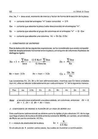 202 6.6 Método de Ozawa
Aw, Iw, f == área axial, momento de inercia y factor de forma de la sección de la placa.
o == cortante total del entrepiso "n" (valor conocido) == 1: Fi
Ow cortante que absorbe la placa (valor desconocido) en el entrepiso "n".
Oc cortante que absorbe el grupo de columnas en el entrepiso "n" == 0- Ow
Vc cortante que absorbe una columna: Vc = Oc Oc /1: Oc
1.- CONSTANTES DE ENTREPISO
Para la deducción de las siguientes expresiones, se ha considerado que existe compatibi-
lidad de desplazamineto horizontal entre la placa y el conjunto de columnas (hipótesis de
diafragma rígido).
Xn = 1 + ¿ Den + 12 E Ko f ¿ Den
kwn GAwnhn
Bn == kwn - 3 Zn An == kwn + 3 Zn
Zn
en =
¿Den
Xn
Qn hn
Xn
Las constantes Xn, Zn, Bn y An son adimensionales, mientras que en tiene unidades
(ton-m); ellas se tabulan ordenadamente por cada entrepiso un" de la siguiente manera:
11f-----
p;,o -+--kw---+-I
'--+-Oc
1--+Xn_Zn-I---
Bn
--+------An-+--Q~n---len1I
lJ/Qta: sise estuviese analizando una placa aislada, sin columnas, entonces: Dc = O,
Xn = 1, Zn = O, Bn = An = kwn.
2. - COEFICIENTE DE RIGIDEZ A FLEXIÓN DE LA VIGA DE BORDE (kv)
Este coeficiente (adimensional) se obtiene como la rigidez al giro absoluta ( K ) de la viga
que llega al plano de la placa dividida entre la constante 6 E Ko; en cambio, en el método
de Muto se usa la constante 4 E Ko.
E == módulo de elasticidad de la placa. kv=
K
6EKo
En el cálculo de K existen varios casos, los cuales se muestran a continuación.
 