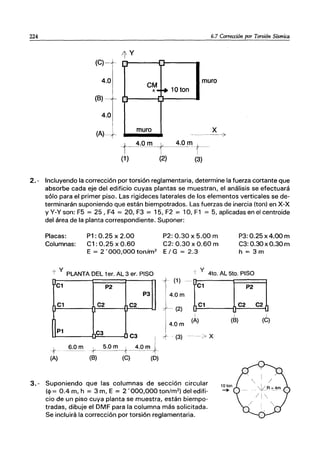 224 6.7 Corrección por Torsión Sísmica
(C)
4.0
(B)
4.0
(A)
-.
1¡4 ~
CM
.. 10 ton
A-
I ~
muro
--
muro
X
------'7
t~·o m -r--4.0-I11_
t--
(1) (2) (3)
2. - Incluyendo la corrección por torsión reglamentaria, determine la fuerza cortante que
absorbe cada eje del edificio cuyas plantas se muestran, el análisis se efectuará
sólo para el primer piso. Las rigideces laterales de los elementos verticales se de-
terminarán suponiendo que están biempotrados. Las fuerzas de inercia (ton) en X-X
y y-y son: F5 = 25, F4 = 20, F3 = 15, F2 = 10, F1 = 5, aplicadas en el centroide
del área de la planta correspondiente. Suponer:
Placas: P1: 0.25 x 2.00 P2: 0.30 x 5.00 m
Columnas: C1 : 0.25 x 0.60 C2: 0.30 x 0.60 m
E = 2 '000,000 ton/m2
E/ G = 2.3
P3: 0.25 x4.00 m
C3: 0.30 x 0.30 m
h=3m
/1' Y PLANTA DEL 1er. AL 3 ero PISO r y 4to. AL Sto. PISO
~C1
C1
I P1
+
(A)
P2
P3
C2 C2
C3 1C3
6.0 m t- 5.0 m---+_~:.º_~.
(B) (C) (O)
-+ (1)
C1
4.0m
C1
r(2) (Á)
4.0m
- -- (3)- -- .. ~> X
3.- Suponiendo que las columnas de sección circular
(<1> = 0.4 m, h = 3 m, E = 2'000,000 ton/m2
) del edifi-
cio de un piso cuya planta se muestra, están biempo-
tradas, dibuje el OMF para la columna más solicitada.
Se incluirá la corrección por torsión reglamentaria.
C2
1
(B)
10ton
-+
P2
C2 ]
1
(C)
 