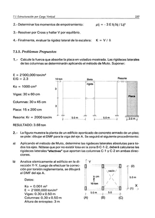 7.1 Estructuración por Carga Vertical 237
2.- Determinar los momentos de empotramiento: pij = - 3 E lij 6ij / Uf
3.- Resolver por Cross y hallar V por equilibrio.
4.- Finalmente, evaluar la rigidez lateral de la escalera: K = V / 6
7.1.5. Problemas Propuestos
1.- Calcule la fuerza que absorbe la placa en voladizo mostrada. Las rigideces laterales
de las columnas se determinarán aplicando el método de Muto. Suponer:
E = 2'000,000 ton/m2
E/G = 2.3 10 ton Biela Resorte
Ko = 1000 cm3
~------n-r-íg-id~;;--'>-~~- -- ------ ~ 0-
3
Vigas: 30 x 60 cm
Columnas: 30 x 45 cm
3
Placa: 15 x 200 cm
Resorte: Kr = 2000 ton/m
" '
5.0 m l
-~~---------r-
S.Om
RESULTADO: 3.68ton
2.- La figura muestra la planta de un edificio aporticado de concreto armado de un piso;
se pide: dibujar el DMF para la viga del eje A. Se seguirá el siguiente procedimiento:
a) Aplicando el método de Muto, determine las rigideces laterales absolutas para to-
dos los ejes. Nótese que por no existir losa en la zona B-C-1-2, deberá calcularse las
rigideces laterales -efectivas" que aportan las columnas C-1 y C-2 en ambas direc-
ciones.
b) Analice sísmicamente al edificio en la di-
rección Y-Y. Luego de efectuar la correc-
ción por torsión reglamentaria, se dibujará
el DMF del eje A.
Datos:
Ko = 0.001 m3
E = 2'OOO,000ton/m2
Vigas: 0.30 x 0.50 m
Columnas: 0.30 x 0.50 m
Altura de entrepiso: 3 m
- -
Xcm
t
10 ton
- -
'
vacío/
/
/
/ 
.1
/

f s.Qrn___+ 5:0 -+
(C)
(A) (B)
(2)
S.Om
x
- (1) »
 