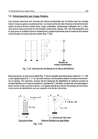 7.2 Estructuración por Carga Sísmica 239
7.2. Estructuración por Carga Sísmica
Las fuerzas sísmicas son fuerzas de inercia producidas por el hecho que los niveles
tienen masas sujetas a aceleraciones. La mayor parte de esta masa se encuentra locali-
zada a la altura de los niveles (losa, vigas, acabados, sobrecarga, tabiques, etc.), mien-
tras que la masa actuante en el entrepiso (columnas, placas, etc.) es más pequeña; por
lo que para un análisis sísmico traslacional, puede suponerse que la masa se encuentra
concentrada a la altura de los niveles (Fig. 7.22).
------~
--1
•• •• ••
Modelo de
masas concentradas
Fig. 7.22. Distribuci6n de Masa~ en la Altura delEdificio.
Sísmicamente, la estructura ideal (Fig. 7.23) es aquella que tiene poca masa (m < < M)
Y alta rigidez lateral (K > > k); de esta manera, eS'necesario reducir la masa e incremen-
tar la rigidez, Por ejemplo, el peso de los tabique:; de albañilería se reduce cuando se
emplea ladrillos con huecos tubulares ("pandereta"), también, el peso de una losa aligera-
da es menor al de una losa maciza, y la rigidez late~al que tienen las placas de concreto,
o los muros de albañilería, es muy superior a la de las columnas.
~
I
I
I
I
I
I
m
9 ---------7 a
f = m a« F
----------7
Kcoo
~~
I ( -----L__;;..
I '------, / F =M (a + A)
I /
/
I / k«K
I
~
, a =aceleración del suelo
Estructura Ideal Sistema Flexible con graq Masa
Fig.7.23.
 