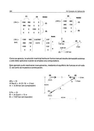 280 8.4 Ejemplos de Aplicacción
(1) (3) NUDO
(2)
...----- ..........
NUDO
/~- /~
-' /' 
[Rrr] = 1280 960 O O
)
[Rrf]= -1280 -960
~ (1)
(1)
-960 -720
)
/'
960 720 O O
O O 1000 O
)
-1000 O  i
(3) O O j (3)
O O O O
Nudo
{Qr} = -1280
O
-960 0.007667 2.67
J131_~~
(ton) -(
(2) 5
-960 -720 -0.013 2.00 ~~>,-~
7.67 ton
-1000 O /'
/ '
-7.67
2.00 ton / /
2 ton
3
O O O l' //
(1) V -;, 2.67 ton
Como se aprecia, la solución matricial hecha en forma manual resulta demasiado extensa
y sólo debe aplicarse cuando se emplea una computadora.
Este ejemplo pudo resolverse manualmente, mediante el equilibrio de fuerzas en el nudo
2, tal como se muestra a continuación.
~Fy = O:
A Sen e = A (3 / 5) = 2 ton
A = 3.33 ton (en compresión)
~ Fx = O:
B = ACose + 5~
B = 7.67 ton (en tracción)
t------ 4.0m
 