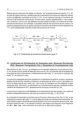 48 2. Método de Hardy Cross
Nótese que el coeficiente de rigidez a la flexión "kij" es proporcional a la relación I / L. En
el caso de vigas continuas, donde la sección transversal es la misma en todos los tramos
(como el aligerado mostrado en la Fig. 2.17), no se necesita calcular el momento de
inercia (1) de la sección transversal, en esos casos, puede adoptarse Ka = I (en magni-
tud numérica), con lo cual, las rigideces resultan proporcionales a la inversa de la longi-
tud de los tramos (Li); sin embargo, si se desea calcular las rotaciones de los nudos, o si
existiese desplazamiento de apoyo (donde el momento de empotramiento depende de
"1"), será indispensable calcular el valor del momento de inercia.
e k21 = 4
r)
061=0=81
i
.-(
(1 )
3.0m
( 1 )
3
(2)
k23 = k32 =
4
f23 = f32 = 1/2
4.0m
3 ( 1_ )
k34= 4 5
/  f34 = o
,"",,-.
J
(3)
IKO = I
84 = o
5.0m
Fig. 2.17. Coeficientes kij cuando los tramos tienen igual "1"
!
/
(4)
2.5. Coeficiente de Distribución de Momentos (aij>. Momento Distribuido
1llii1.-Momento Transportado (Tij) y Momentos de Empotramiento (uij)
Para definir aij, Dij, Tij Y uij, se trabajará con el ejemplo algebraico mostrado en la Fig.
2.18, donde el único grado de libertad rotacional es L'lei; se entiende que al emplearse el
concepto de barra equivalente, el deslizamiento del nudo "n" así como la rotación del
nudo "2", se reducen a cero.
La estructura adoptada para este ejemplo es completamente general, es decir, las barras
pueden ser de sección variable o constante, su eje puede ser recto o curvo, se puede o no
incluir la deformación por corte, etc., por lo que se trabajará con las rigideces al giro
absolutas (Kij). Asimismo, la solicitación es completamente general, pudiendo existir
cambios de temperatura (L'lT), desplazamiento de apoyo conocido (L'l), etc.
La estructura original se ha desdoblado en la superposición de dos estados, los cuales se
analizan independientemente, tal como se muestra en las Figs. 2.19 Y 2.20.
En el Estado O (conocido como Estructura Primaria o Estructura Fija, Fig. 2.19), se ha
impedido la rotación del nudo "i" y se ha aplicado todas las solicitaciones existentes. En
este estado surgen momentos de empotramiento (uij) en los extremos de las barras, que
al actuar sobre el nudo "i" en sentido contrario, dan lugar a una reacción cuya magnitud
es: Mi = Mai - l:uij, este momento no existe en la estructura original.
 