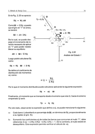 2. Método de Hardy Cro..:..ss'--__
En la Fig. 2.20 se aprecia:
Dij = Kij A8i
Como Mi = l: Dij, Y puesto
que el giro en "i" es único,
se tendrá:
51
(i)
"e i "-. ) Dij = Kij ~ Si
't~~-~ 011
(2) c;r' / .,. ' ,/'71" '0,
De la cual, se puede des- /,;..------/-+1' ( )' i /1jZ:------+;RI
Mi = ASi l:Kij
/j  "ei (i)' ,,' J'
. I . t d "'- l.,  /fI ~ (n)
peJar e Incremen o e ro- Di2 / "-.. j Din
tación necesario de aplicar (/' . Di1
en "i" para poder reesta- .'-Y
blecer su equilibrio:
A8i = Mi / l: Kij
Luego podrá calcularse Dij
como: ," (1)
Dij = Kij Mi / 1: Kij
Se define al coeficiente de
distribución de momentos
«ij como:
a ij =
Kij
L Kij
Fig.2.20
Análisis del Estado 1
Por lo que el momento distribuido puede calcularse aplicando la siguiente expresión:
Dij aij Mi
Finalmente, el momento que se transporta desde el extremo que rota (il. hacia el extremo
empotrado (j) será:
Tji fij Dij
Por otro lado, observando la expresión que define a «ij, se puede mencionar lo siguiente:
a.- Cada barra i-j absorberá un porcentaje deMi, en términos de Dij, proporcionalmente
a su rigidez al giro Kij
b.- Sumando los coeficientes«ij de todas las barras que concurran al nudo "i", debe
obtenerse: l: «ij = l: (Kij /l: Kij) =l: Kij /l: Kij = 1. De lo contrario, el nudo estará en
desequilibrio. Esta expresión permite verificar el cálculo de «ij.
 