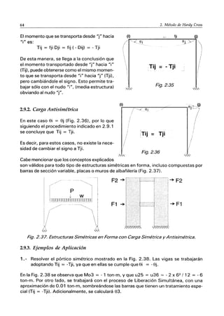 64
El momento que se transporta desde "j" hacia
"i" es:
Tij = fji Dji = fij ( - Dij) = - Tji
De esta manera, se llega a la conclusión que
el momento transportado desde "j" hacia "i"
(Tijl. puede obtenerse como el mismo momen-
to que se transporta desde "i" hacia "j" (Tji).
pero cambiándole el signo. Esto permite tra-
bajar sólo con el nudo "i", (media estructura)
obviando al nudo "j".
2.9.2. Carga Antisimétrica
En este caso 8i = 8j (Fig. 2.36). por lo que
siguiendo el procedimiento indicado en 2.9.1
se concluye que Tij = Tji.
Es decir, para estos casos, no existe la nece-
sidad de cambiar el signo a Tji.
Cabe mencionar que los conceptos explicados
2. Método de Hardy Cross
fji
{ji
(i)
son válidos para todo tipo de estructuras simétricas en forma, incluso compuestas por
barras de sección variable, placas o muros de albañilería (Fig. 2.37).
---// - -- ~-....~,~
¡ p i
I t w I
¡IunTTT[lrIJlII]lJ~ITl]]
F2
-> f--T.··r--I-> F2
'1 I I
F1 ->, 1'::-1
l... I
I
I -+- F1
1
,L"",J
I
I
I ,
! I
.......................'
Fig. 2.37. Estructuras Simétricas en Forma con Carga Simétrica y Antisimétrica.
2.9.3. Ejemplos de Aplicación
1.- Resolver el pórtico simétrico mostrado en la Fig. 2.38. Las vigas se trabajarán
adoptando Tij = -Tji, ya que en ellas se cumple que 8i = -8j.
En la Fig. 2.38 se observa que M03 = - 1 ton-m, y que u25 = u36 = - 2 X 62
! 12 = - 6
ton-m. Por otro lado, se trabajará con el proceso de Liberación Simultánea, con una
aproximación de 0,01 ton-m, sombreándose las barras que tienen un tratamiento espe-
cial (Tij = -Tji). Adicionalmente, se calculará 83.
 