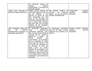 una formación aunque se
escapan algunas
características si se busca un
desarrollo integral.
¿Usted como promueve el
desarrollo integral del alumno?
Existen muchas maneras de
promoverlo desde la forma en
que les hablamos a los
alumnos, el hecho de que
ellos comprendan que son
parte de una sociedad, los
muchachos cambian todos los
días y cuando ellos cambian
para bien pues uno se siente
orgulloso de los resultados
que se han alcanzado.
Hay diversas maneras de
promover una educación
integral, ya que los alumnos
cambian constantemente.
Comprendan, cambian,
orgulloso, resultados,
alcanzado.
¿Qué estrategias utiliza para
que los alumnos
verdaderamente adquieran un
aprendizaje significativo?
El aprendizaje significativo
todos encontramos
significados diferentes, pero
este se debe buscar desde el
momento que se realiza la
planeación, y donde el
alumno empleé los
conocimientos en su contexto
para su desarrollo, se debe
buscar que sea básico y que
en verdad sea empleado en
las acciones, es tanto de
hecho como de razón,
partiendo de lo abstracto a lo
práctico, el niño debe hacer
significativo hasta el hecho de
ir a la tienda y saber que está
empleando lo que aprendió en
la escuela.
El aprendizaje significativo
debe ser de hecho y razón,
partiendo de lo abstracto a lo
práctico.
Empleé, contexto, desarrollo,
abstracto, práctico,
empleando.
 