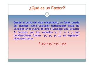 ¿Qué es un Factor?


Desde el punto de vista matemático, un factor puede
ser definido como cualquier combinación lineal de
variables en la matriz de datos. Ejemplo: Sea el factor
A formado por las variables a, b, c...k y sus
ponderaciones fueran pa, pb, pc...pk su expresión
algebraica sería:
                    A = paa + pbb + pcc...pkk
 
