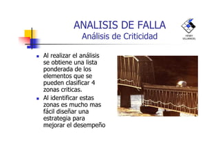 ANALISIS DE FALLA
Análisis de Criticidad
Al realizar el análisis
se obtiene una lista
ponderada de los
elementos que se
HENRY
VILLARROEL
elementos que se
pueden clasificar 4
zonas criticas.
Al identificar estas
zonas es mucho mas
fácil diseñar una
estrategia para
mejorar el desempeño
 