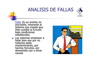 ANALISIS DE FALLAS
Falla: Es un evento no
previsible, inherente al
sistema que impide que
éste cumpla la función
bajo condiciones
HENRY
VILLARROEL
bajo condiciones
establecidas.
Los sistemas empiezan a
fallar bien sea por no
haberles dado
mantenimiento, por
hechos fortuitos, por
demasiado uso u otras
causas
 