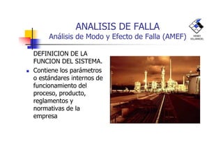 ANALISIS DE FALLA
Análisis de Modo y Efecto de Falla (AMEF)
DEFINICION DE LA
FUNCION DEL SISTEMA.
Contiene los parámetros
o estándares internos de
HENRY
VILLARROEL
o estándares internos de
funcionamiento del
proceso, producto,
reglamentos y
normativas de la
empresa
 