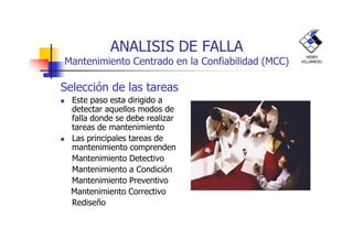 ANALISIS DE FALLA
Mantenimiento Centrado en la Confiabilidad (MCC)
Selección de las tareas
Este paso esta dirigido a
detectar aquellos modos de
falla donde se debe realizar
tareas de mantenimiento
HENRY
VILLARROEL
tareas de mantenimiento
Las principales tareas de
mantenimiento comprenden
Mantenimiento Detectivo
Mantenimiento a Condición
Mantenimiento Preventivo
Mantenimiento Correctivo
Rediseño
 