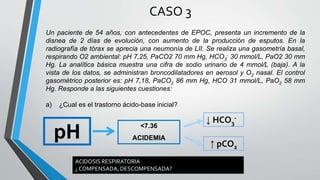CASO 3
Un paciente de 54 años, con antecedentes de EPOC, presenta un incremento de la
disnea de 2 días de evolución, con aumento de la producción de esputos. En la
radiografía de tórax se aprecia una neumonía de LII. Se realiza una gasometría basal,
respirando O2 ambiental: pH 7,25, PaCO2 70 mm Hg, HCO3
- 30 mmol/L, PaO2 30 mm
Hg. La analítica básica muestra una cifra de sodio urinario de 4 mmol/L (baja). A la
vista de los datos, se administran broncodilatadores en aerosol y O2 nasal. El control
gasométrico posterior es: pH 7,18, PaCO2 86 mm Hg, HCO 31 mmol/L, PaO2 58 mm
Hg. Responde a las siguientes cuestiones:
a) ¿Cual es el trastorno ácido-base inicial?
pH
<7.36
ACIDEMIA
↓ HCO3
-
↑ pCO2
ACIDOSIS RESPIRATORIA
¿ COMPENSADA, DESCOMPENSADA?
 