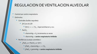 REGULACION DEVENTILACION ALVEOLAR
• Control por centro respiratorio
• Estímulos:
• Centrales (bulbo raquideo)
• [H+] en el LCR
• ↑[H+] → → ↑VA ..hiperventilacion y vcv.
• PaCO2
• > 60mmHg→VA incrementa 10 veces
• > 80mmHg→ centro respiratorio inhibido
• Periféricos (cuerpo carotideo )
• ↓PaO2 or ↑PaCO2 or ↑[H+]
• ↓PaO2 < 60mmHg→ → ↑VA
• ↓PaO2 < 30mmHg→ centro respiratorio inhibido
 