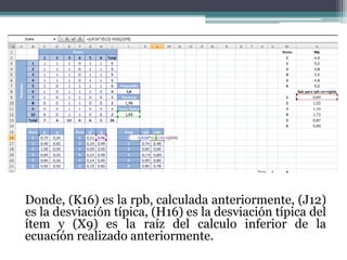 Donde, (K16) es la rpb, calculada anteriormente, (J12)
es la desviación típica, (H16) es la desviación típica del
ítem y (X9) es la raíz del calculo inferior de la
ecuación realizado anteriormente.
 