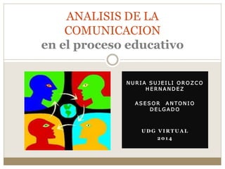 ANALISIS DE LA 
COMUNICACION 
en el proceso educativo 
NURIA SUJ E I L I OROZCO 
HERNANDEZ 
ASESOR ANTONIO 
DE LGADO 
UDG VIRTUAL 
2014 
 