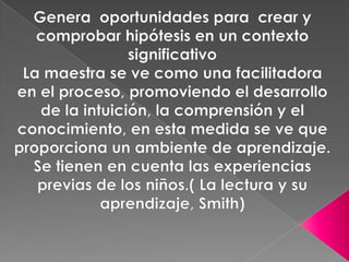 Genera  oportunidades para  crear y comprobar hipótesis en un contexto significativoLa maestra se ve como una facilitadora en el proceso, promoviendo el desarrollo de la intuición, la comprensión y el conocimiento, en esta medida se ve que proporciona un ambiente de aprendizaje.Se tienen en cuenta las experiencias previas de los niños.( La lectura y su aprendizaje, Smith)