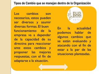 Tipos de Cambio que se manejan dentro de la Organización
En la actualidad
podemos hablar de
algunos cambios que
se están evaluando y
atacando con el fin de
estar a la par de las
situaciones planteadas.
Los cambios son
necesarios, estos pueden
ser diversos y asumir
diversas formas. El buen
funcionamiento de la
empresa va a depender
de la capacidad de su
directiva para reaccionar
ante estos cambios y
proponer las mejores
respuestas, con el fin de
adaptarse a la situación.
 