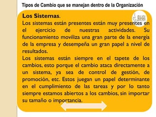 Tipos de Cambio que se manejan dentro de la Organización
Los Sistemas.
Los sistemas están presentes están muy presentes en
el ejercicio de nuestras actividades. Su
funcionamiento moviliza una gran parte de la energía
de la empresa y desempeña un gran papel a nivel de
resultados.
Los sistemas están siempre en el tapete de los
cambios, esto porque el cambio ataca directamente a
un sistema, ya sea de control de gestión, de
promoción, etc. Estos juegan un papel determinante
en el cumplimiento de las tareas y por lo tanto
siempre estamos abiertos a los cambios, sin importar
su tamaño o importancia.
 