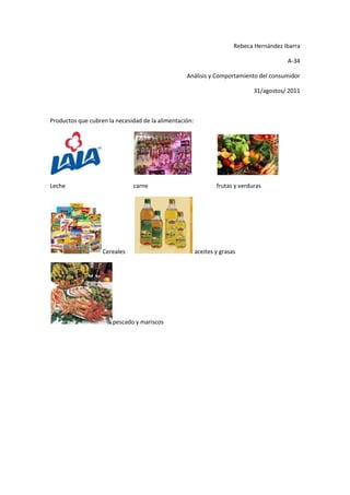 Rebeca Hernández Ibarra<br />A-34<br />Análisis y Comportamiento del consumidor <br />31/agostos/ 2011<br />Productos que cubren la necesidad de la alimentación:<br />Lechecarne frutas y verduras<br /> Cereales       aceites y grasas  <br />pescado y mariscos  <br />