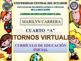 UNIVERSIDAD CENTRAL DEL ECUADOR
FACULTAD DE FILOSOFÍA LETRAS Y CIENCIAS
DE LA EDUCACIÓN
CARRERA DE EDUCACIÓN PARVULARIA
CUARTO “A”
CURRÍCULO DE EDUCACIÓN
INICIAL
 