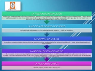 LA NOCION DE CRITICA
utilizado para el análisis crítico del discurso
LA NOCION DE CONOCIMIENTO
Es necesario comprender qué significa conocimiento, cómo se construye en al interacción social, de qué manera los factores
sociales, culturales, ideológicos, afectan el conocimiento del mundo, y cómo este conocimiento opera en la construcción de realidades
en la vida cotidiana, en las instituciones.
LA GRAMATICA DE BASE
los analistas necesitan usar una gramática de base para poder analizar los textos, obtener credibilidad, y hacer generalizaciones con
base empírica.
LA NOCION DE GENERO DISCURSIVO
el analista necesita saber con qué tipos de texto se enfrenta y cómo se organizan
LA NOCION DE INTERACCIÓN
Interacción entre los niveles de análisis: gramática, semántica y pragmática, la interacción entre hablantes, entre lectores y textos, entre
escritores y lectores, etc. No se debe usar de forma general una interacción porque la decisión sobre qué tipo de interacción se
estudiará, redundará en los modelos de análisis para explicarla.
 