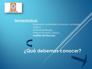 Hermenéuticos:
Interpretar realidades humanas complejas
Clásico
Etnometodología
Interaccionismo Clásico
Análisis del Discurso
¿Qué debemos conocer?
 