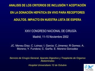 ANALISIS DE LOS CRITERIOS DE INCLUSIÓN Y ACEPTACIÓN
EN LA DONACIÓN HEPÁTICA EN VIVO PARA RECEPTORES
ADULTOS. IMPACTO EN NUESTRA LISTA DE ESPERA
JC. Meneu Diaz; C. Loinaz; I. Garcia; C.Jimenez; R Gomez; A.
Moreno; Y. Fundora; C. Garfia. E. Moreno Gonzalez
Servicio de Cirugía General, Aparato Digestivo y Trasplante de Organos
Abdominales
Hospital Universitario 12 de Octubre
XXIV CONGRESO NACIONAL DE CIRUGÍA
Madrid, 11-15 Noviembre 2002
 