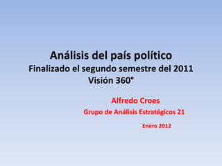 Análisis del país político
Finalizado el segundo semestre del 2011
               Visión 360°

                      Alfredo Croes
             Grupo de Análisis Estratégicos 21
                                Enero 2012
 