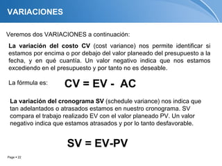 VARIACIONES

Veremos dos VARIACIONES a continuación:
La variación del costo CV (cost variance) nos permite identificar si
estamos por encima o por debajo del valor planeado del presupuesto a la
fecha, y en qué cuantía. Un valor negativo indica que nos estamos
excediendo en el presupuesto y por tanto no es deseable.

La fórmula es:     CV = EV - AC
 La variación del cronograma SV (schedule variance) nos indica que
 tan adelantados o atrasados estamos en nuestro cronograma. SV
 compara el trabajo realizado EV con el valor planeado PV. Un valor
 negativo indica que estamos atrasados y por lo tanto desfavorable.


                    SV = EV-PV
Page  22
 