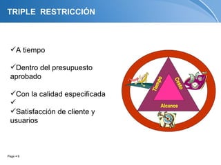 TRIPLE RESTRICCIÓN



 A tiempo

 Dentro del presupuesto
 aprobado

 Con la calidad especificada
 
 Satisfacción de cliente y
 usuarios



Page  9
 