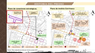 HISTORIA DEL PREDIO
Plano de conexiones estratégicas.
Fuente: Plano adquirido de Autocad- Archivo propio-2021
OCCIDENTE DE
LA CIUDAD
TERMINAL Y
AEROPUERTO
PARQUE CALDAS
PARQUE BENITO
JUÁREZ
Plano de Análisis Extrínseco
CALLE 4 Y 5 PASO VIAL
PARA CONECTAR CENTRO
CON EL OCCIDENTE DE LA
CIUDAD
PUNTO ALTO DE
AFLUENCIA TURÍSTICA
FUERZA
INSTITUCIONAL
PARQUE BENITO
JUÁREZ
PUNTO ALTO DE
AFLUENCIA
TURÍSTICA
PASO VIAL PARA
CONECTAR CENTRO CON
EL NORTE Y SUR DE LA
CIUDAD
FUERZA
COLONIAL
FUERZA
HOTELERA
FUERZA HIS. COLONIAL FUERZA RELIGIOSA
FUERZA COMERCIAL
FUERZA INSTITUCIONAL
FUERZA DE SERVICIOS
RECORRIDO EN
SEMANA SANTA
 