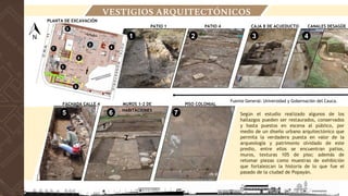 LOCALIZACIÓN
VESTIGIOS ARQUITECTÓNICOS
FACHADA CALLE 4 MUROS 1-2 DE
HABITACIONES
1
2
PISO COLONIAL
Según el estudio realizado algunos de los
hallazgos pueden ser restaurados, conservados
y hasta puestos en escena al público, por
medio de un diseño urbano arquitectónico que
permita la verdadera puesta en valor de la
arqueología y patrimonio olvidado de este
predio, entre ellos se encuentran patios,
muros, texturas 105 de piso; además de
retomar piezas como muestras de exhibición
que fortalezcan la historia de lo que fue el
pasado de la ciudad de Popayán.
PATIO 1 PATIO 4
PLANTA DE EXCAVACIÓN
CAJA 8 DE ACUEDUCTO CANALES DESAGÜE
1 2 3 4
5 6 7
1
2
3
4
5
6
7
Fuente General: Universidad y Gobernación del Cauca.
 