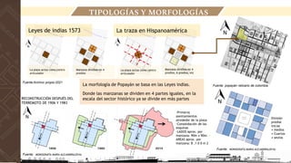 TIPOLOGÍAS Y MORFOLOGÍAS
La morfología de Popayán se basa en las Leyes indias.
Donde las manzanas se dividen en 4 partes iguales, en la
escala del sector histórico ya se divide en más partes
La plaza actúa como centro
articulador
Manzana dividida en 4
predios
Manzana dividida en 4
predios, 6 predios, etc
Leyes de indias 1573
La plaza actúa como centro
articulador
La traza en Hispanoamérica
Fuente: popayán relicario de colombia
-Primeros
asentamientos
alrededor de la plaza
-Consolidación de las
esquinas
-LADOS aprox. por
manzana: 90m x 90m. -
AREAS aprox. por
manzana: 8 .1 0 0 m 2
División
predial
inicial
• medios
• Cuartos
• sextos
RECONSTRUCCIÓN DESPUÉS DEL
TERREMOTO DE 1906 Y 1983
Fuente: MONOGRAFÍA MARIA ALEJANDRA(2016)
Fuente:Archivo propio-2021
Fuente: MONOGRAFÍA MARIA ALEJANDRA(2016)
 