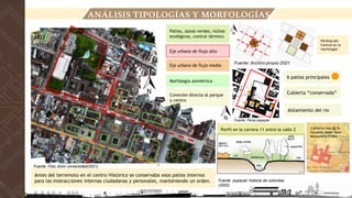 Patios, zonas verdes, nichos
ecológicos, control térmico
Eje urbano de flujo alto
Conexión directa al parque
y centro
Morfología asimétrica
6 patios principales
Cubierta “conservada”
Antes del terremoto en el centro Histórico se conservaba esos patios internos
para las interacciones internas ciudadanas y personales, manteniendo un orden.
2021
ANÁLISIS TIPOLOGÍAS Y MORFOLOGÍAS
Pérdida del
Control en la
morfología
Aislamiento del rio
Perfil en la carrera 11 entre la calle 2
Fuente: popayán historia de colombia.
(2002)
Fuente: Foto drom universidad(2021)
Fuente: Archivo propio-2021
Fuente: Pemp popayán
Eje urbano de flujo medio
Cubierta casa de la
moneda, hotel Dann
Monasterio (1980)
 