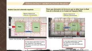 Modelo Casa de la Moneda española
Algunos espacios de
conectan internamente
Fuente: Tesis de grado, Maria y Carolina(2018)
En esta época generaban 2 patios
que repartían a los espacios
cuánticos y se unían por medio de
un pasillo
Acesso Patio Patio
Algunos espacios de
conectan internamente
En esta época generaban 2 patios
que repartían a los espacios
cuánticos y se unían por medio de
un pasillo
Plano que demuestra la forma en que se debe hacer la Real
Casa de la Moneda en la Ciudad de Popayán(1860)
TIPOLOGÍAS Y MORFOLOGÍAS-Modelos
Fuente: Tesis de grado,Maria y Carolina(2018)
 