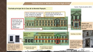 Entrada principal en
piedra de cantera y
altas puertas de
madera con remate
de cornisas
Fachada principal de la Casa de la Moneda Popayán.
Fuente: Archivo propio-2021
Fachada de dos plantas en
forma simple marcada por el
estilo colonial
Vemos verticales con rejas en
forja, donde en su segundo
nivel se observan balcones.
Ritmo continuo en vanos.
Ampliación de la
casa cuando pasó
a ser parte del
batallón Junín
“Época
republicana”
Modelo que
pudo haber sido
de la Casa de la
Moneda
Modelo de una ventana
rectangular en madera
doble hoja con reja de
acero y madera
11 puertas ventana con
balcones en hierro
Esquina de 1
planta
3 ventanas de rejas en
hierro de forja
10 ventanas en madera
y hierro forjado abajo
Cornisa a la vista
Fuente: Propia de análisis (2021)
Fuente: Fotos Universidad del cauca
Fuente: Archivo propio-2021
TIPOLOGÍAS Y MORFOLOGÍAS-Siglo XVIII
 