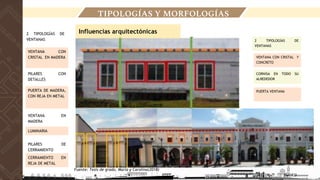 2 TIPOLOGÍAS DE
VENTANAS
PUERTA DE MADERA,
CON REJA EN METAL
PILARES CON
DETALLES
LUMINARIA
VENTANA EN
MADERA
VENTANA CON
CRISTAL EN MADERA
PILARES DE
CERRAMIENTO
CERRAMIENTO EN
REJA DE METAL
2 TIPOLOGÍAS DE
VENTANAS
PUERTA VENTANA
CORNISA EN TODO SU
ALREDEDOR
VENTANA CON CRISTAL Y
CONCRETO
COLOR BLANCO
Influencias arquitectónicas
TIPOLOGÍAS Y MORFOLOGÍAS
Fuente: Tesis de grado, Maria y Carolina(2018)
Fuente: Tesis de grado, Maria y Carolina(2018)
 
