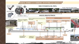 Ritmo en el Cerramiento
escalonado se adapta al
terreno
Uso de la forja
Cubierta en Teja
Ventanas de
Iluminación
Arquitectura moderna
Manejo doble Altura
Articulación Contextual
Fachadas
simples Aleros
Fachadas
Blancas
Grandes
Vanos
Existe un cambio de ritmo en las alturas de las
edificaciones
Vía perfil variable
Ritmo en las
ventanas
Cerramiento en
mampostería
Sin esquina definida
Vegetación
inadecuada
Andenes en
mal estado
A:2.5 m.
N+993.09
N+990.838
A:7.3 m.
CARRERA 11
PERFIL SOBRE LA CARRERA 10 ENTRE LA CALLE 3-2
POPAYÁN
SECTOR HISTÓRICO
SERIE FOTOGRÁFICA DEL PERFIL
ANÁLISIS ARQUITECTÓNICOS
Fuente: Propia de análisis (2021)
156
Nivel Base N+ 1000.00
calle 2
calle 2 con carrera 3
parqueadero monasterio
 