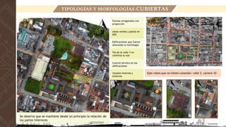 Formas ortogonales con
proporción
zonas verdes y patios en
60%
Edificaciones que fueron
alterando la morfología
Vía de la calle 3 no
continúa su eje
Se observa que se mantiene desde un principio la relación de
los patios interiores
Control térmico en las
edificaciones
visuales internas y
externas
1980
2021
Ejes viales que no tienen conexión- calle 3, carrera 10
TIPOLOGÍAS Y MORFOLOGÍAS-CUBIERTAS
Fuente: Foto drom universidad(2021)
Fuente: Foto drom universidad(2021)
Fuente: Foto Universidad del cauca
 