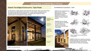 SISTEMA CONSTRUCTIVO
MUROS Flexión perpendicular al
plano del muro. Fuerte
agrietamiento a una altura
intermedia horizontal o
diagonal que contribuye a la
fisuración y falla en la parte
superior.
ESQUINAS Falla por flexión
en las esquinas no confinadas
de muros sueltos o en
esquinas no articuladas
efectivamente con los muros
transversales.
CUBIERTAS Caída de la cubierta por ausencia
de apoyo adecuado, mal estructurada o falla
en los muros portantes. Frecuente en
edificaciones con cubiertas muy pesadas.
Sistema Tecnológico/Constructivo. Tapia Pisada
Al desconocer la tapia pisada como elemento estructural. Nace una nueva forma
de rescatar este patrimonio constructivo, la cual conlleva al génesis de los
sistemas mixtos tierra-concretoacero. Los cuales dan un paso al futuro,
potencializan las bondades de la tapia pisada:
VULNERABILIDAD TECNOLÓGICA - TAPIA
Excelente
Comportamiento
Térmico
Excelente
Aislamiento
Acústico
Aislamiento a
Radiaciones
Electromagné-
ticas
Alta Resistencia
al Impacto
Económico y
Ecológico
Fuente : Casa Posada Moreno
Fuente : manual para la revitalización de
viviendas(2016)
 