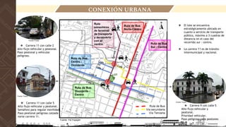 CONEXIÓN URBANA
LOT
E
Ruta de Bus
Vía secundaria
Vía Terciaria
❖ Carrera 9 con calle 5
Alto flujo vehicular y
peatonal.
Prioridad vehicular.
Paso peligroso para peatones
Fuente: Propia
Fuente: Propia
Fuente: Propia
❖ Carrera 11 con calle 2
Alto flujo vehicular y peatonal.
Paso peatonal y vehicular
peligroso.
Ruta de Bus
Sur - Centro
Ruta de Bus
Centro -
Occidente
Ruta de Bus
Occidente -
Centro
Ruta de Bus
Norte-Centro
❖ El lote se encuentra
estratégicamente ubicado en
cuanto a servicio de transporte
público, máximo a 3 cuadras de
distancia en el caso del
recorrido sur - centro.
❖ La carrera 11 es de tránsito
intermunicipal y nacional.
Fuente: Propia
Ruta
conectores
de terminal
de transporte
y aeropuerto
con el
centro.
❖ Carrera 11 con calle 5
Alto flujo vehicular y peatonal.
Semáforo para regular movilidad.
Paso peatonal peligroso calzada
norte carrera 11.
Fuente: Pot Popayán
 