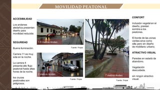 MOVILIDAD PEATONAL
2 metros Anden 7 metros Anden
1.5 metros Anden
Fuente: Propia
ACCESIBILIDAD
Los andenes
aledaños presentan
diseño para
movilidad reducida.
SEGURIDAD
Buena iluminación.
Carrera 11 es muy
sola en la noche.
La carrera 4
presenta alto flujo
peatonal hasta altas
horas de la noche.
los cruces
peatonales son
peligrosos.
CONFORT
Inclusión vegetal en el
diseño, prestan
sombra a los
peatones.
El borde de las zonas
verdes sirve como
silla pero sin diseño
de mobiliario urbano.
ATRACTIVO VISUAL
Paredes en estado de
abandono.
Vegetación
descuidada.
sin ningún atractivo
visual.
Fuente: Propia
Fuente: Propia
 