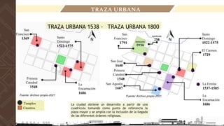TRAZA URBANA
TRAZA URBANA 1538 -
La ciudad obtiene un desarrollo a partir de una
cuadrícula tomando como punto de referencia la
plaza mayor y se amplía con la inclusión de la llegada
de las diferentes órdenes religiosas.
Templos
Caustros
Fuente: Archivo propio-2021
Primera
Catedral
1548
La
Encarnación
1686
San
Francisco
1569 Santo
Domingo
1522-1575
TRAZA URBANA 1800
La
Encarnación
1686
San
Francisco
1791
San José
1640
MANZANA
0156
Primera
Catedral
1548
San Agustín
1607
Santo
Domingo
1522-1575
El Carmen
1729
La Ermita
1537-1585
MANZANA
258
Fuente: Archivo propio-2021
 