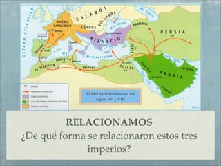 El Mar Mediterráneo en los
                   siglos VII y VIII




          RELACIONAMOS
¿De qué forma se relacionaron estos tres
              imperios?
 