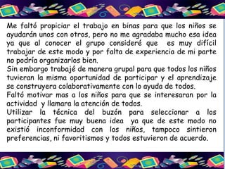 Me faltó propiciar el trabajo en binas para que los niños se
ayudarán unos con otros, pero no me agradaba mucho esa idea
ya que al conocer el grupo consideré que es muy difícil
trabajar de este modo y por falta de experiencia de mi parte
no podría organizarlos bien.
Sin embargo trabajé de manera grupal para que todos los niños
tuvieran la misma oportunidad de participar y el aprendizaje
se construyera colaborativamente con lo ayuda de todos.
Faltó motivar mas a los niños para que se interesaran por la
actividad y llamara la atención de todos.
Utilizar la técnica del buzón para seleccionar a los
participantes fue muy buena idea ya que de este modo no
existió inconformidad con los niños, tampoco sintieron
preferencias, ni favoritismos y todos estuvieron de acuerdo.
 